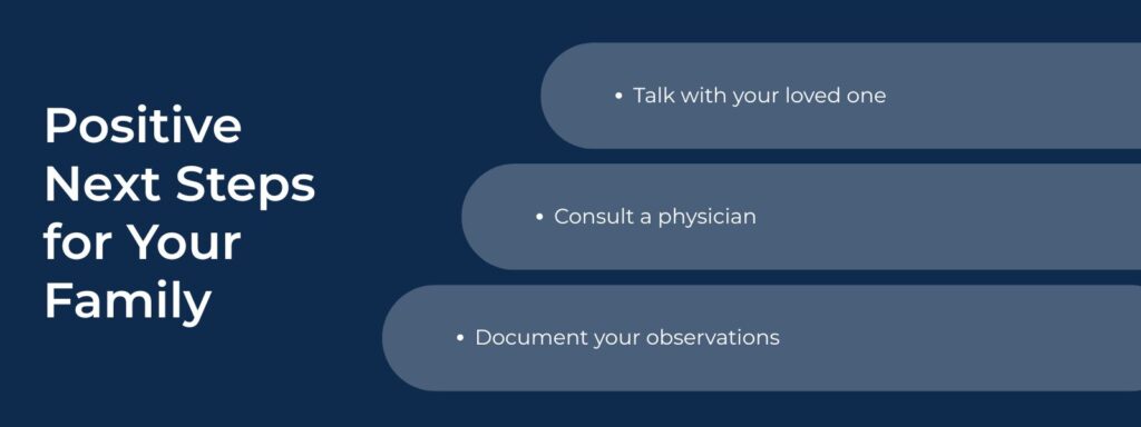 infographic that says 'Positive Next Steps for Your Family, Talk with your loved one, Consult a physician, Document your observations.'