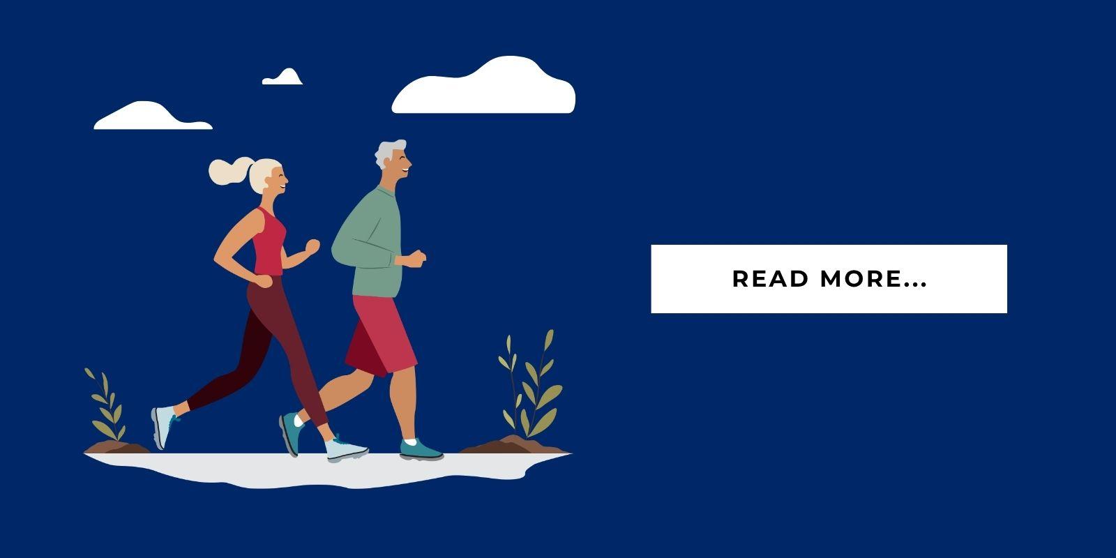 An illustration of two seniors jogging, facing a text block that says, “Read more…”