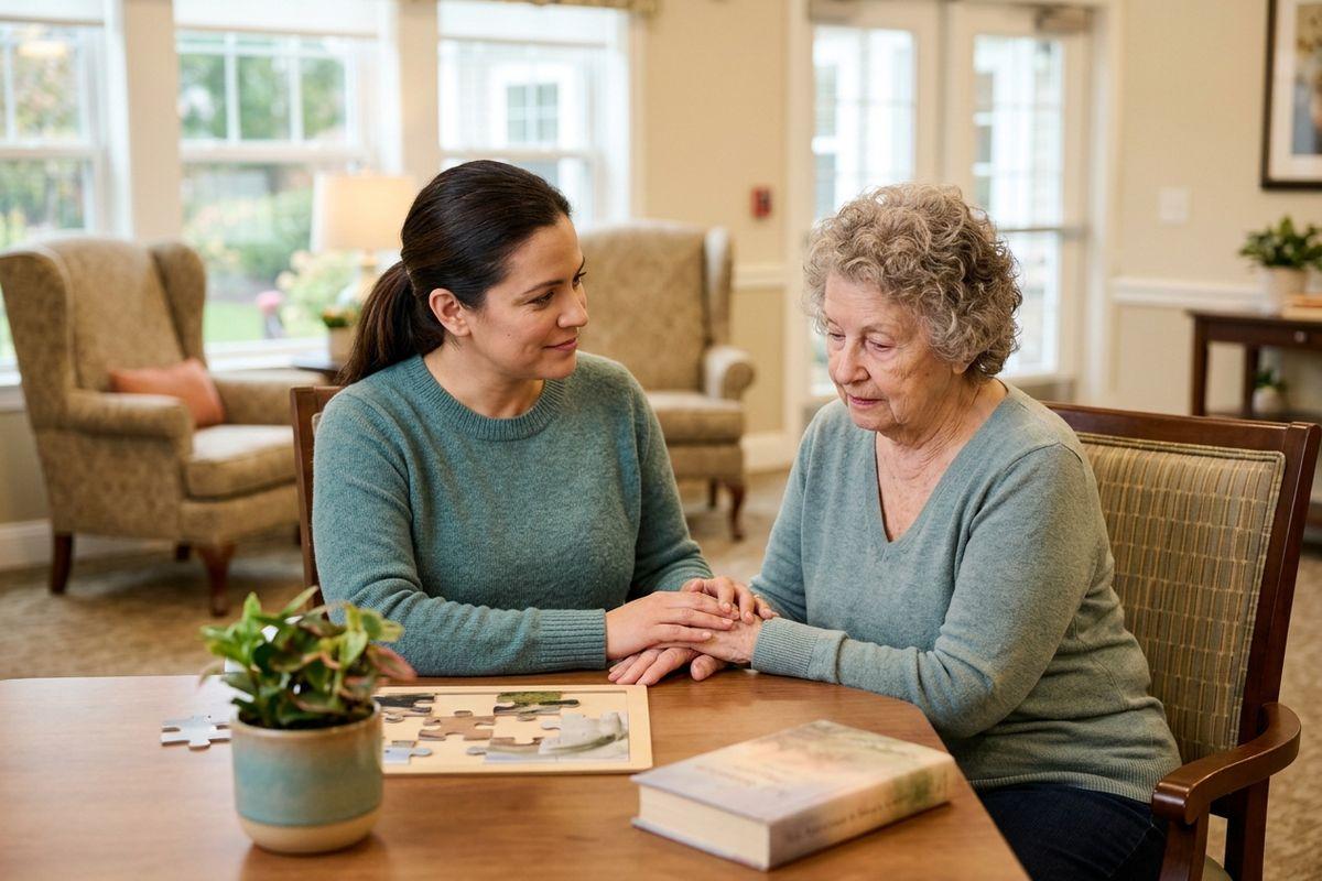 A family member holds their older loved one's hands, offering comfort and support in a memory care community.