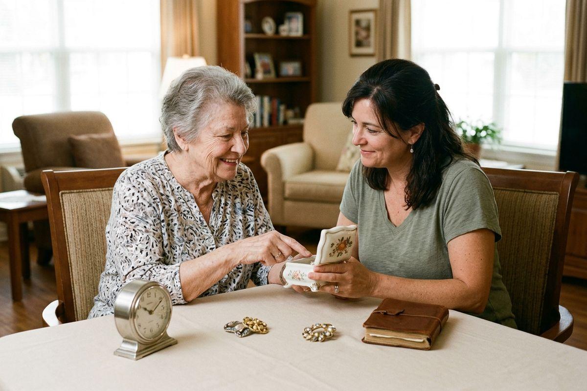 An older adult and their family member reminisce with family heirlooms and personal, familiar objects.