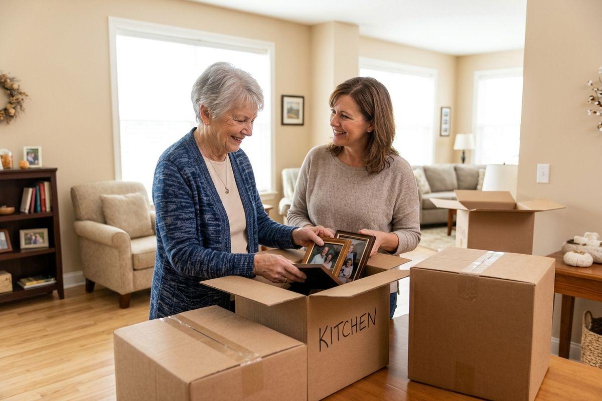 An older adult and their family member pack boxes to downsize and prepare for a move to assisted living.