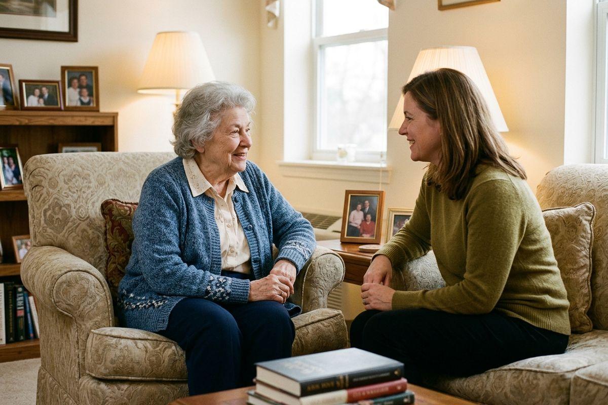 A senior and their family member smile as they enjoy a visit in a senior living community.