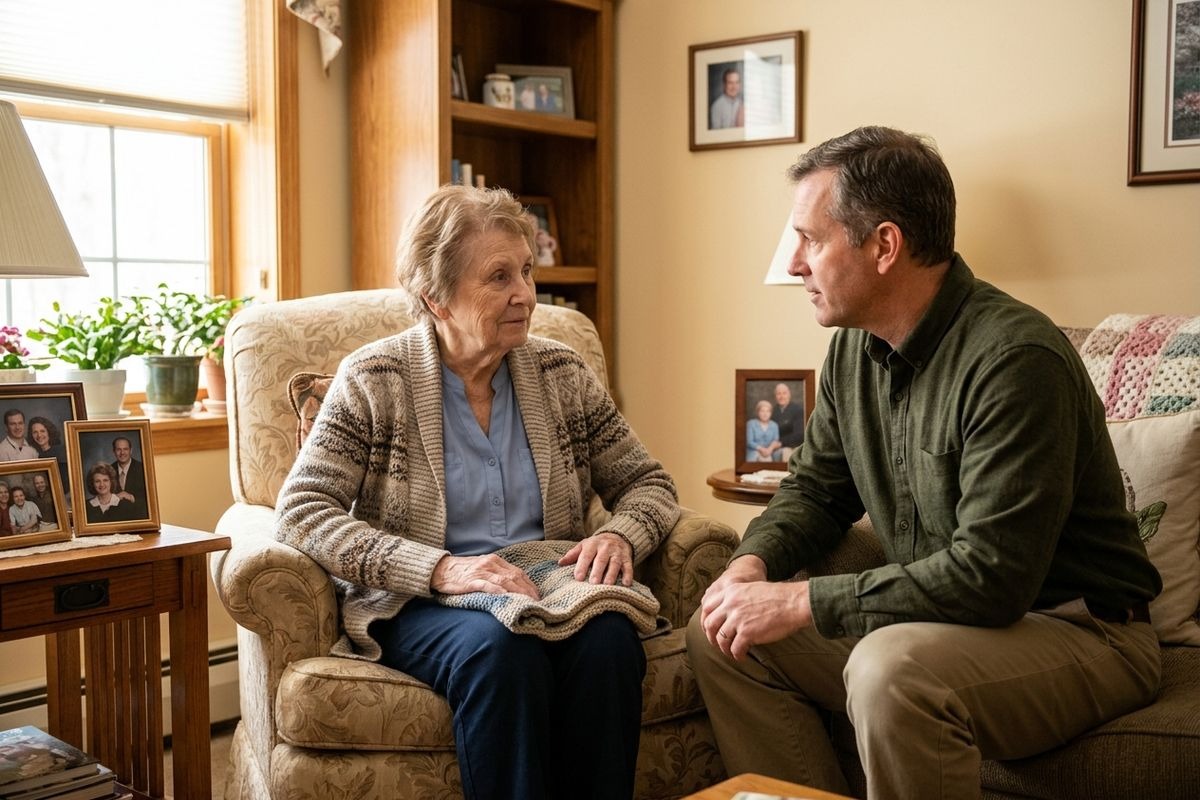 A senior and their adult child sit together in a quiet spot to discuss memory care.