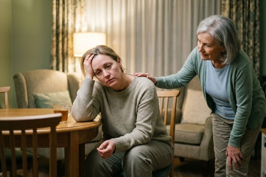 An adult child appears exhausted and overwhelmed, holding their head as their senior loved one touches their shoulder in a comforting gesture.