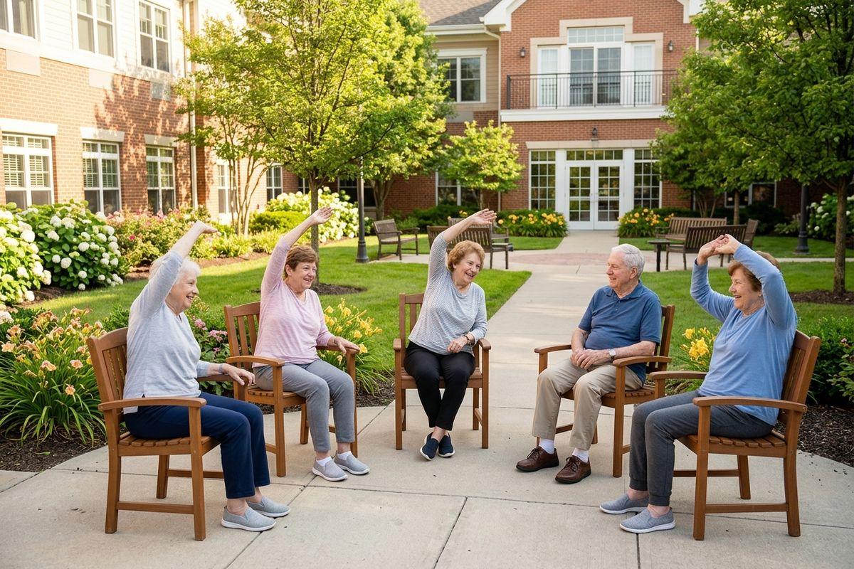A group of adults in a senior living community stretch and participate in an outdoor chair exercise session together.