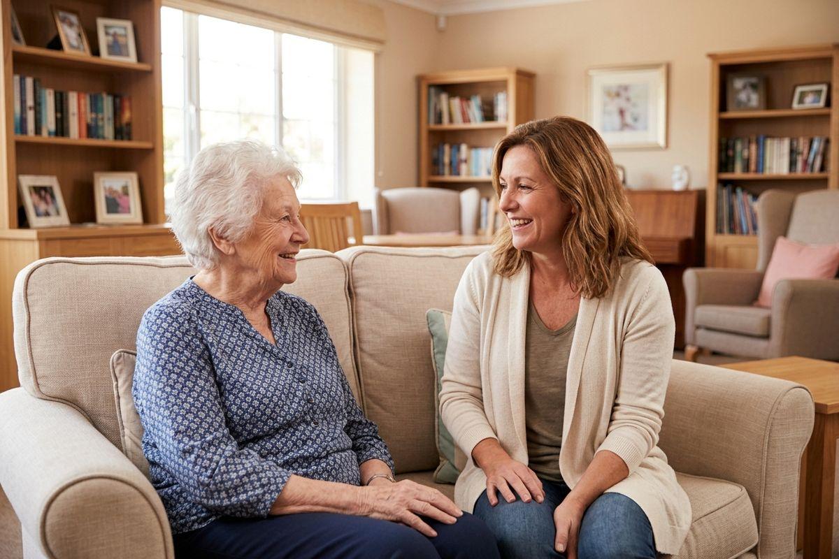 An adult and their parent talk together on a sofa about respite care options. 