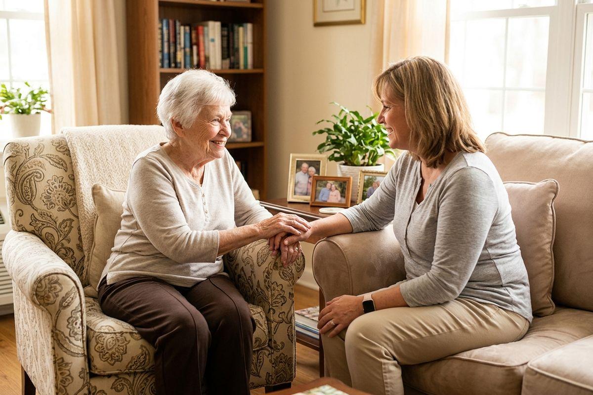 An adult holds the hand of their senior parent in a bright, sunlit living room.