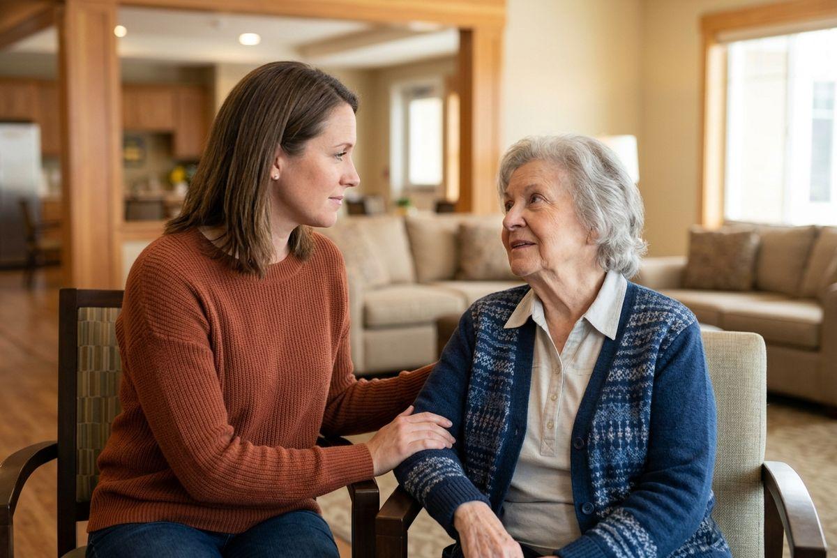 An adult speaks gently with their senior parent about taking a memory screening test.