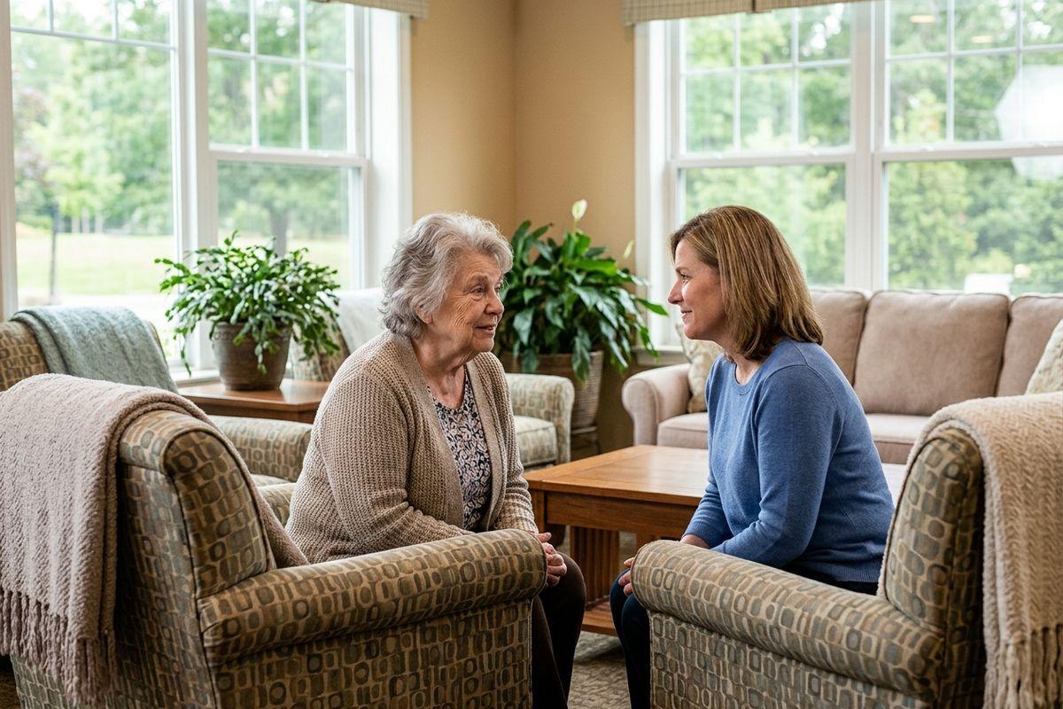 An adult visits with their parent in a memory care community.