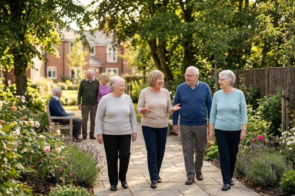  Four smiling older adults walk and converse on a paved garden path in a senior living community