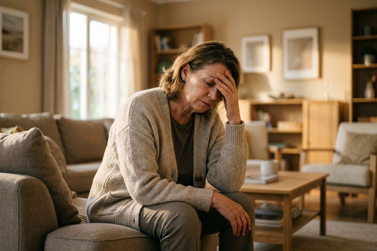 An older adult sits on a sofa in a living room, expressing stress by leaning forward with a hand pressed to the forehead and eyes closed.