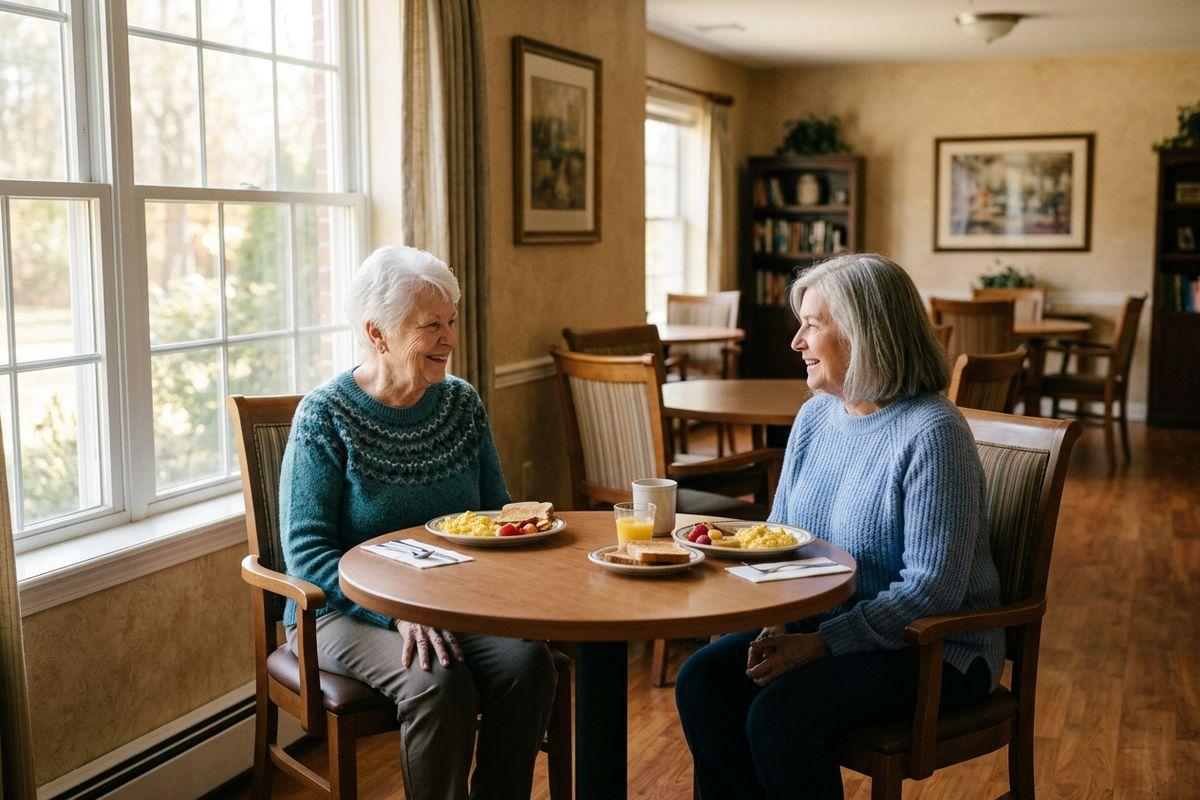 Two older adults smiling at each other over breakfast plates and juice at a round table by a window in a communal dining room in their assisted living community.