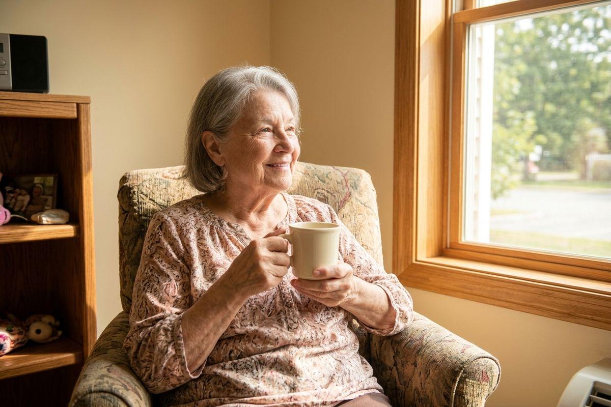 An older adult smiling while holding a mug, seated in a cozy armchair beside a sunlit window in a senior living apartment.