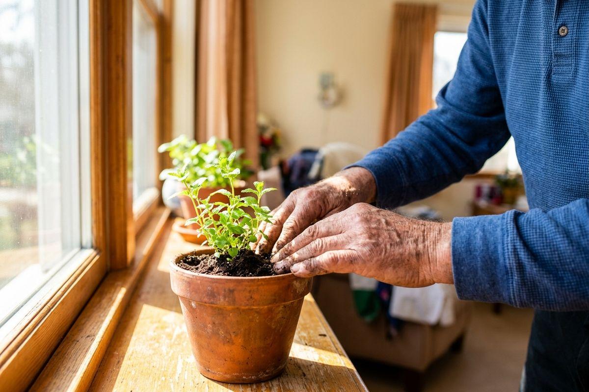 An older adult pressing soil around a small green plant in a terracotta pot on a sunlit wooden windowsill indoors.