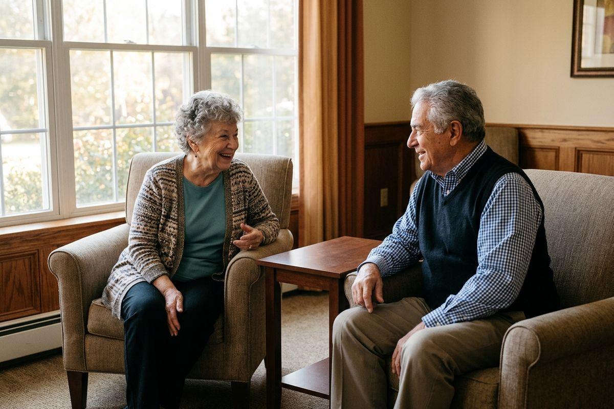 Two older adults sit in armchairs beside a window and small wooden table in the lounge of their assisted living community, smiling and talking to each other.