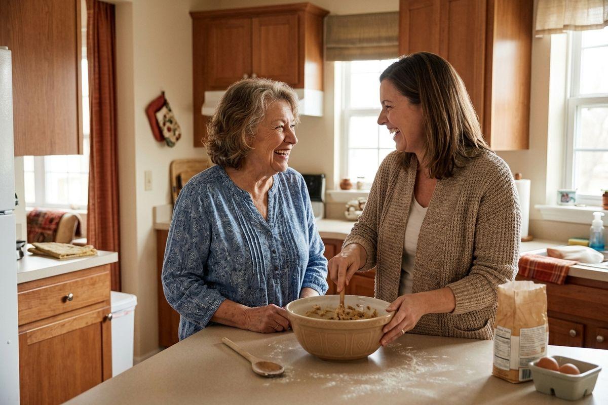 Two women laughing together while mixing batter in a kitchen, large bowl on the counter between them.