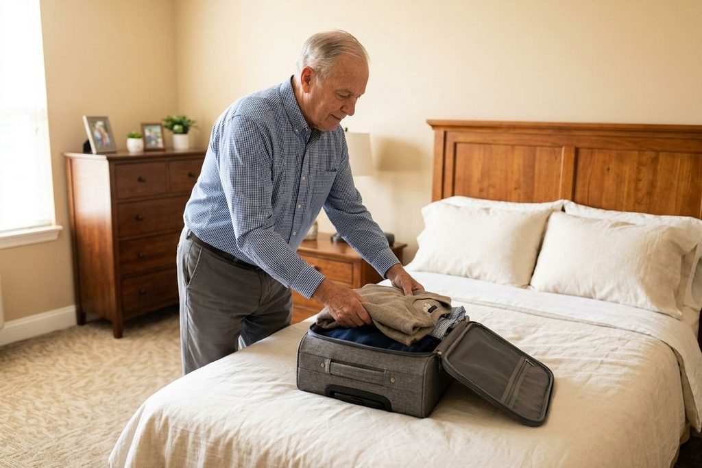 An older adult packs folded clothes into a gray suitcase on their bed to prepare for a short-term stay in respite care.