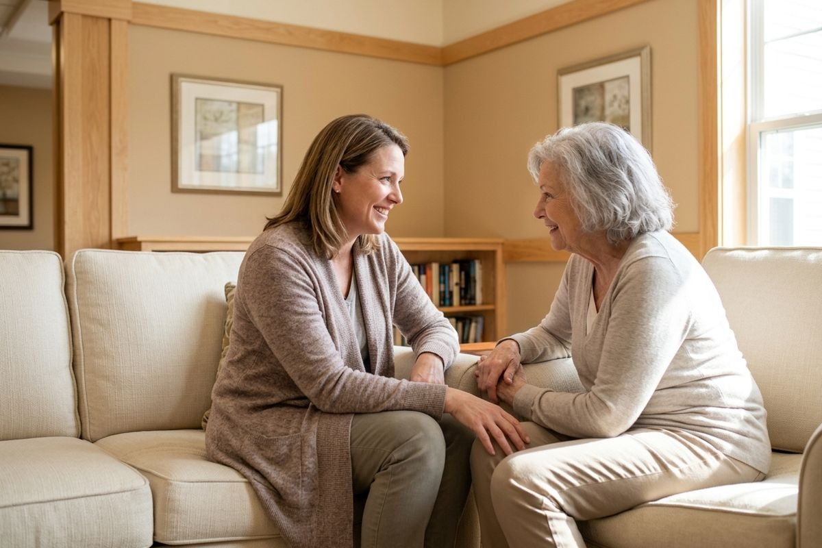 Two adults sit facing each other on a beige sofa in a living room, holding hands and smiling as they talk during a visit to respite care.